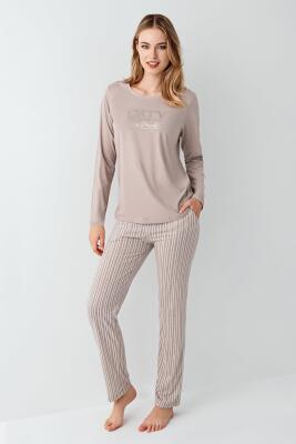 Kadın %100 Pamuklu Pijama Takım, Uzunkol, Cepli, Yazı Baskılı - 1