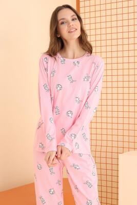 Kadın %100 Pamuklu Tavşan Baskılı Mevsimlik Pijama Takım - 3