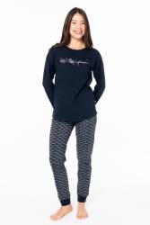 Kadın %100 Pamuklu Uzunkol Dar Paça Mevsimlik Ev Giyim Pijama Takım - Thumbnail