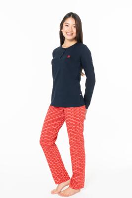 Kadın %100 Pamuklu Uzunkol Düz Paça Mevsimlik Ev Giyim Pijama Takım - 4