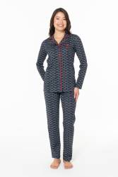 Kadın %100 Pamuklu Uzunkol Mevsimlik Düğmeli Gömlek Pijama Ev Giyim - Thumbnail