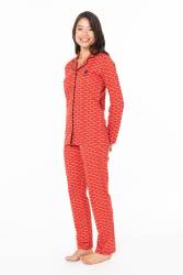 Kadın %100 Pamuklu Uzunkol Mevsimlik Düğmeli Gömlek Pijama Ev Giyim - Thumbnail