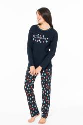 Kadın %100 Pamuklu Uzunkol Mevsimlik Ev Giyim Pijama Takım - Thumbnail
