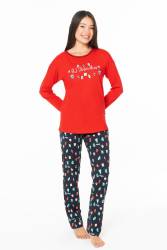 Kadın %100 Pamuklu Uzunkol Mevsimlik Ev Giyim Pijama Takım - Thumbnail