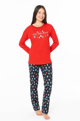 Kadın %100 Pamuklu Uzunkol Mevsimlik Ev Giyim Pijama Takım - 3