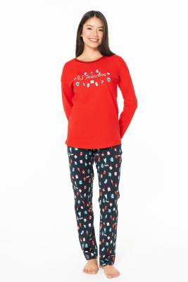 Kadın %100 Pamuklu Uzunkol Mevsimlik Ev Giyim Pijama Takım - 4