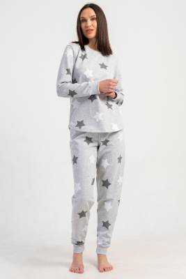 REN - Kadın 2 İplik Dokuma Yuvarlak Yaka uzun kol eteği oval manşetli Pijama Takım, İçi Şardonlu