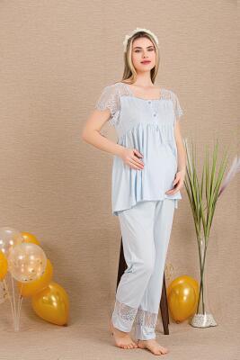 Kadın 2'li Hamile Lohusa Pijama Takım, Emzirme Düğmeli, Kol ve Omuz Dantelli - 2