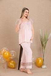 Kadın 2'li Hamile Lohusa Pijama Takım, Emzirme Düğmeli, Kol ve Omuz Dantelli - 4