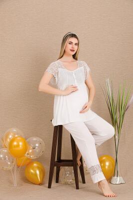 Kadın 2'li Hamile Lohusa Pijama Takım, Emzirme Düğmeli, Kol ve Omuz Dantelli - 5