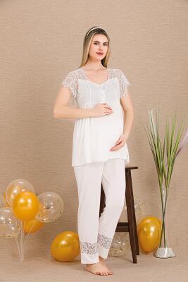 Kadın 2'li Hamile Lohusa Pijama Takım, Emzirme Düğmeli, Kol ve Omuz Dantelli - 6