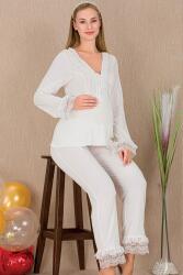 Kadın 2'li Kısa Kol Hamile Lohusa Pijama Takım, Dantel Detaylı, Emzirme Düğmeli - 3