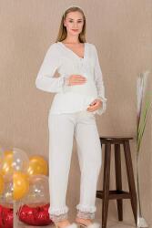 Kadın 2'li Kısa Kol Hamile Lohusa Pijama Takım, Dantel Detaylı, Emzirme Düğmeli - 4