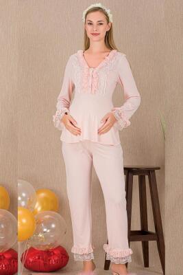 Kadın 2'li Kısa Kol Hamile Lohusa Pijama Takım, Dantel Detaylı, Emzirme Düğmeli - 2