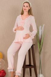 Kadın 2'li Kısa Kol Hamile Lohusa Pijama Takım, Dantel Detaylı, Emzirme Düğmeli