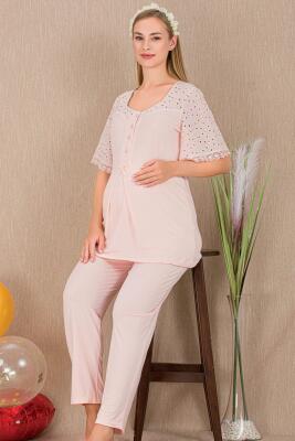 Kadın 2'li Kısa Kol Hamile Lohusa Pijama Takım, Emzirme Düğmeli - 2