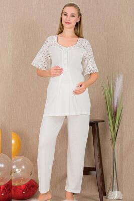 Kadın 2'li Kısa Kol Hamile Lohusa Pijama Takım, Emzirme Düğmeli - 5