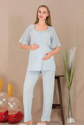 Kadın 2'li Kısa Kol Hamile Lohusa Pijama Takım, Emzirme Düğmeli - 8