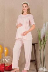 Kadın 2'li Kısa Kol Hamile Lohusa Pijama Takım, Emzirme Düğmeli