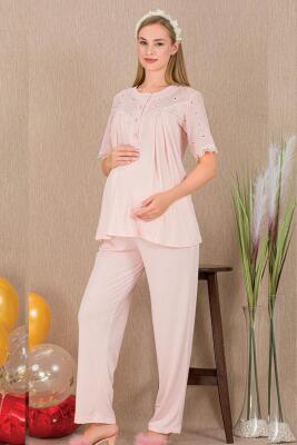 Kadın 2'li Kısa Kol Hamile Lohusa Pijama Takım, Emzirme Düğmeli - 1