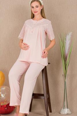 Kadın 2'li Kısa Kol Hamile Lohusa Pijama Takım, Emzirme Düğmeli - 3