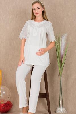 Kadın 2'li Kısa Kol Hamile Lohusa Pijama Takım, Emzirme Düğmeli - 6