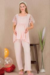 Kadın 2'li Kısa Kol Hamile Lohusa Pijama Takım, Kolları tül Dantel Detay, Emzirme Düğmeli