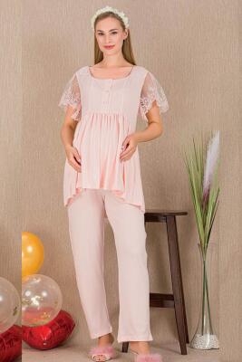 Kadın 2'li Kısa Kol Hamile Lohusa Pijama Takım, Kolları tül Dantel Detay, Emzirme Düğmeli - 1