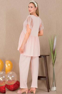 Kadın 2'li Kısa Kol Hamile Lohusa Pijama Takım, Kolları tül Dantel Detay, Emzirme Düğmeli - 3