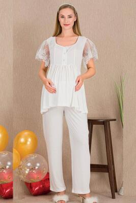 Kadın 2'li Kısa Kol Hamile Lohusa Pijama Takım, Kolları tül Dantel Detay, Emzirme Düğmeli - 5