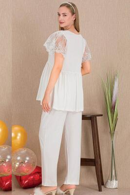 Kadın 2'li Kısa Kol Hamile Lohusa Pijama Takım, Kolları tül Dantel Detay, Emzirme Düğmeli - 6