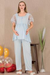 Kadın 2'li Kısa Kol Hamile Lohusa Pijama Takım, Kolları tül Dantel Detay, Emzirme Düğmeli - 8