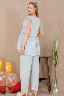 Kadın 2'li Kısa Kol Hamile Lohusa Pijama Takım, Kolları tül Dantel Detay, Emzirme Düğmeli - 9