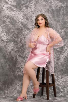 Kadın 2'li Kısa Saten Gecelik Transparan Sabahlık Takım - 12