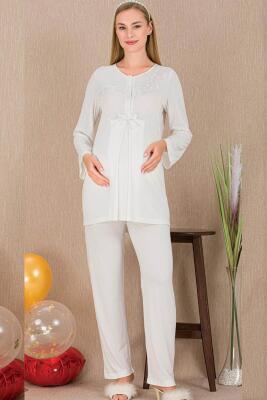 Kadın 2'li Uzun Kol Hamile Lohusa Pijama Takım, Emzirme Düğmeli - 4