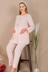 Kadın 2'li Uzun Kol Hamile Lohusa Pijama Takım, Emzirme Düğmeli - 9