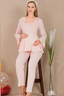 Kadın 2'li Uzun Kol Hamile Lohusa Pijama Takım, Emzirme Düğmeli - 1