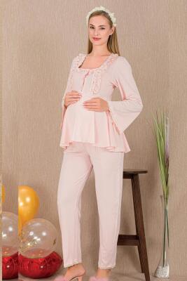 Kadın 2'li Uzun Kol Hamile Lohusa Pijama Takım, Emzirme Düğmeli - 2