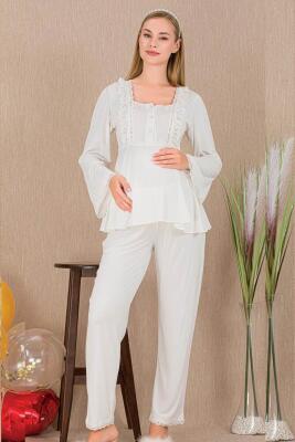 Kadın 2'li Uzun Kol Hamile Lohusa Pijama Takım, Emzirme Düğmeli - 4