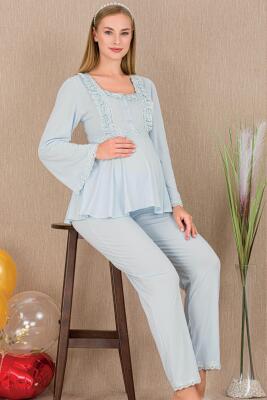 Kadın 2'li Uzun Kol Hamile Lohusa Pijama Takım, Emzirme Düğmeli - 5