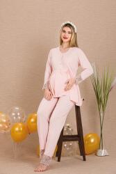 Kadın 2'li Uzun Kol Hamile Lohusa Pijama Takım, Emzirme Düğmeli, Bilek ve Paça Dantel Detaylı - 4