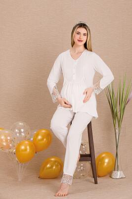 Kadın 2'li Uzun Kol Hamile Lohusa Pijama Takım, Emzirme Düğmeli, Bilek ve Paça Dantel Detaylı - 5