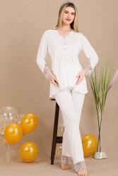 Kadın 2'li Uzun Kol Hamile Lohusa Pijama Takım, Emzirme Düğmeli, Bilek ve Paça Dantel Detaylı - 6