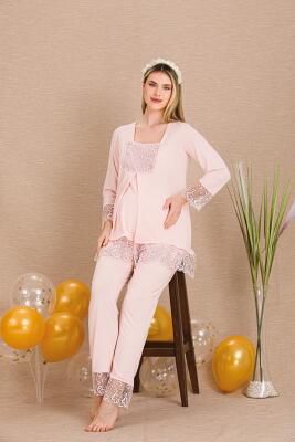 Kadın 2'li Uzun Kol Hamile Lohusa Pijama Takım, Emzirme Düğmeli, Dantel Detaylı - 1