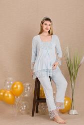Kadın 2'li Uzun Kol Hamile Lohusa Pijama Takım, Emzirme Düğmeli, Dantel Detaylı - 3