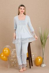 Kadın 2'li Uzun Kol Hamile Lohusa Pijama Takım, Emzirme Düğmeli, Dantel Detaylı - 4