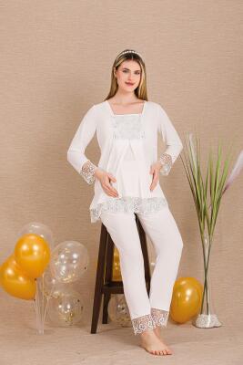 Kadın 2'li Uzun Kol Hamile Lohusa Pijama Takım, Emzirme Düğmeli, Dantel Detaylı - 6