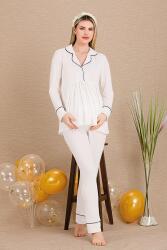 Kadın 2'li Uzun Kol Hamile Lohusa Pijama Takım, Emzirme Düğmeli, Gömlek Yakalı