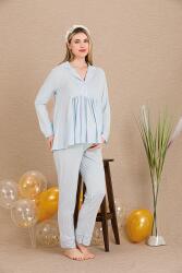 Kadın 2'li Uzun Kol Hamile Lohusa Pijama Takım, Emzirme Düğmeli, Gömlek Yakalı - 3