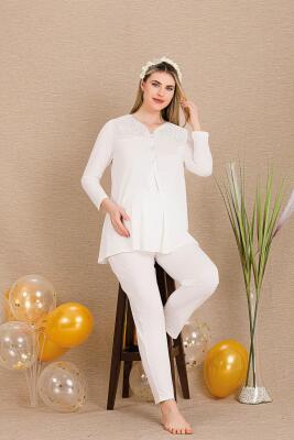 Kadın 2'li Uzun Kol Hamile Lohusa Pijama Takım, Emzirme Düğmeli, Omuzları Dantelli - 4